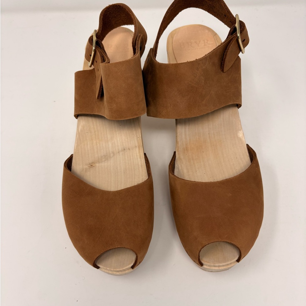 Bryr Miranda Slingback Peep Toe Wooden Clogs Caramel Leather Size 41 - Picture 2 of 10